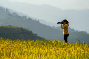 back side of photographer taking photo over the Rice fields on terraced of Mu Cang Chai District, YenBai province, Northwest Vietnam