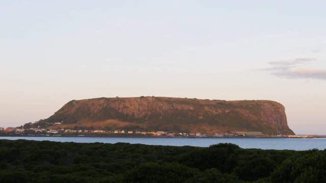 the stanley nut in tasmania at sunset, an ancient volcanic formation overlooking the historic village of Stanley in north-west Tasmania