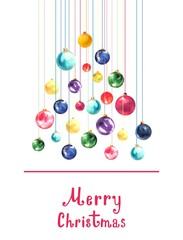 Christmas card with text merry Christmas. Christmas tree made of Christmas balls.