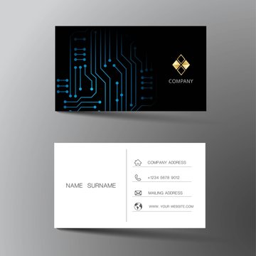 Modern business card template design. With inspiration from the abstract digital circuit. Contact card for company. Two sided black and blue on the gray background. Vector illustration. 