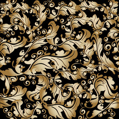 Vintage baroque vector seamless pattern. Leafy foliage black and gold  background wallpaper. Floral antique ornament. Scroll leaves, swirl lines, damask flowers. Ornate golden  texture. Luxury design.