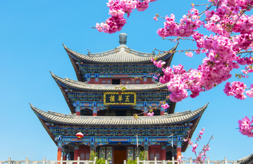 Dali Ancient City in early spring. Pavilion under the cherry blossoms, located in Dali, Yunnan,...