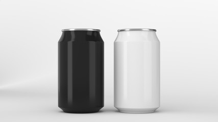 Two small black and white aluminum soda cans mockup on white background