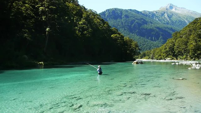 a female angler casts a fly rod on the beautiful wilkin river in new zealand's mt aspiring national park
