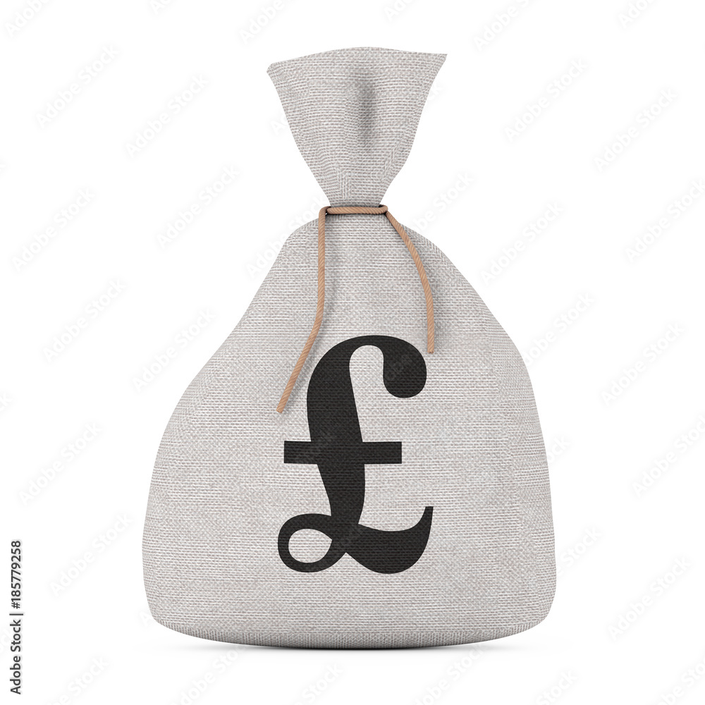 Poster tied rustic canvas linen money sack or money bag with pound sterling sign. 3d rendering
