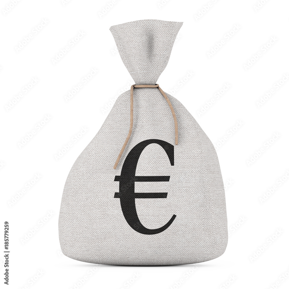 Poster tied rustic canvas linen money sack or money bag with euro sign. 3d rendering