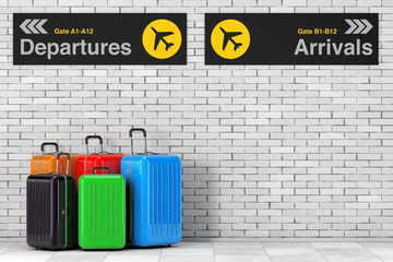 Air Travel Concept. Large Multicolour Polycarbonate Suitcases near Airport Departures and Arrivals Information Panel. 3d Rendering