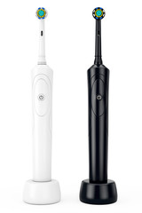 New Electric White and Black Toothbrushes on a Charge Stand. 3d Rendering