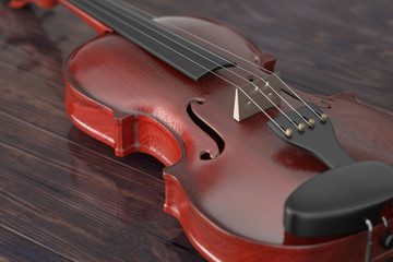 Fototapeta premium Classical Wooden Violin with Bow. 3d Rendering