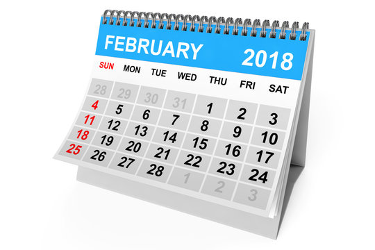 Calendar February 2018. 3d Rendering