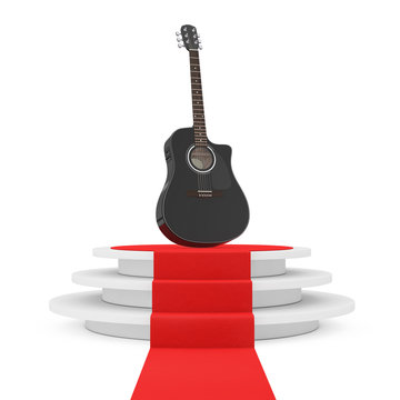 Black Wooden Acoustic Guitar over Round White Pedestal with Steps and a Red Carpet. 3d Rendering