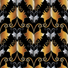 Damask floral vector seamless pattern. Black gold silver decorative background. Abstract butterflies, vintage flowers, swirls, lines, curves. Luxury design for wallpapers, fabric, prints, textile