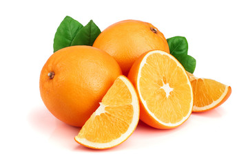 Orange with slice and leaf isolated on the white background