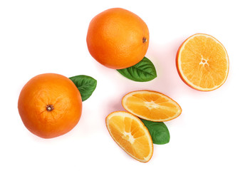 Orange with slice and leaf isolated on the white background. Flat lay pattern. Top view