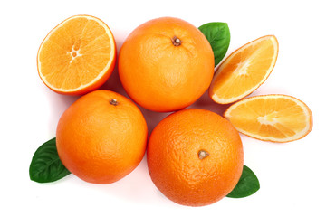 Orange with slice and leaf isolated on the white background. Flat lay pattern. Top view
