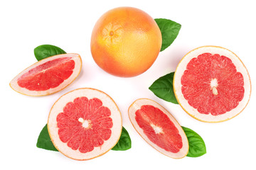 Grapefruit and slices with leaves isolated on white background. Top view. Flat lay pattern