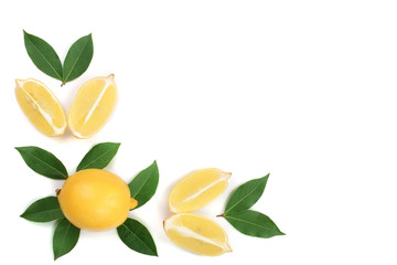 lemon with leaves and slices isolated on white background with copy space for your text. Flat lay, top view