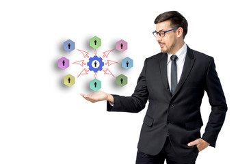 Caucasian businessman receiving hand with connection chart template,teamwork concept