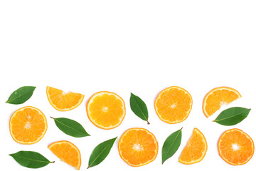 slices of tangerine with leaves isolated on white background with copy space for your text. Flat lay, top view.
