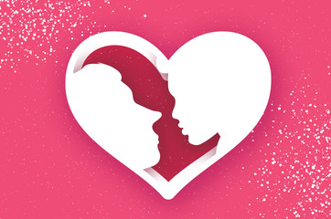 Cute Loving couple. Kissing. People profile. Man and woman. Heart Frame. Holidays and celebration on pink. Happy Valentine's Day. Love day in paper cut style. 14 february.