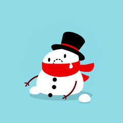 Early Spring, Snowman melts. Isolated object for seasonal design on a blue background. Vector illustration