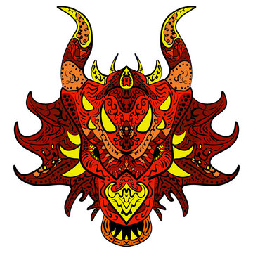 Patterned dragon head. Colored doodle dragon