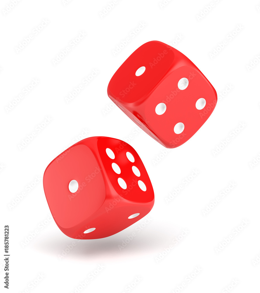 Poster 3d rendering of two red dice hanging on a white background