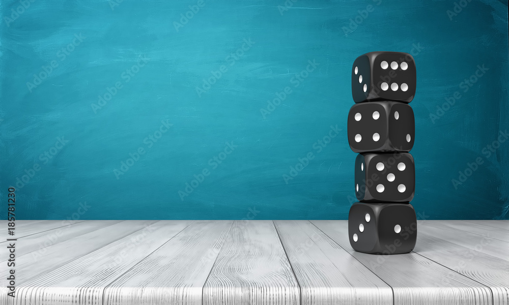 Poster 3d rendering of four black dice with white dots stand on each other in a column on a wooden desk on 