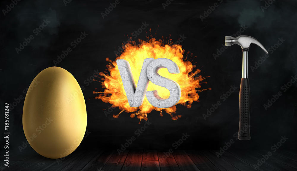 Poster 3d rendering of a сoncrete letters vs stand in front of an explosion and between a golden egg and a 