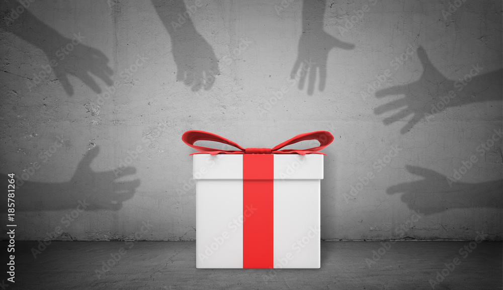 Poster 3d rendering of a single white gift box with a red ribbon stands on concrete background with many sh