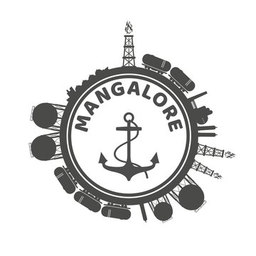 Circle with cargo theme relative silhouettes. Design set of natural gas logistic. Objects located around circle with anchor in the center of them. Mangalore port name