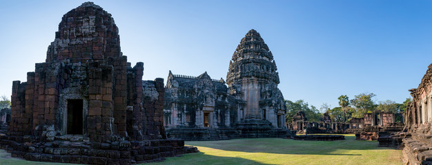 wide angle view of prasat hin phimai important historical traveling destination in nakorn ratchasima north eastern of thailand