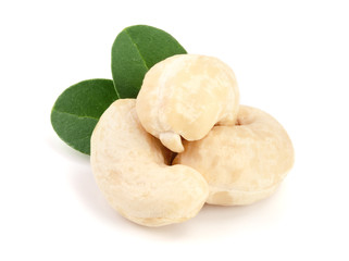 cashew nuts with leaf isolated on white background. macro