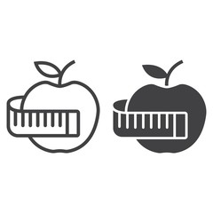 Apple with measuring tape line and glyph icon, fitness and sport, diet sign vector graphics, a linear pattern on a white background, eps 10.