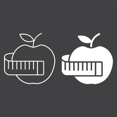 Apple with measuring tape line and glyph icon, fitness and sport, diet sign vector graphics, a linear pattern on a black background, eps 10.