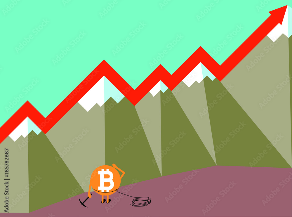 Poster bitcoin crypto currency growing concept vector illustration. bitcoin caracter with pick axe an mount