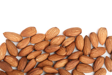almonds isolated on white background with copy space for your text. Top view. Flat lay