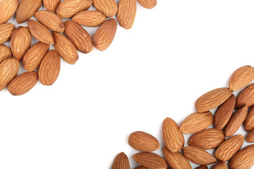 almonds isolated on white background with copy space for your text. Top view. Flat lay