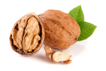 Walnuts with leaf isolated on white background