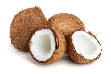 whole coconut and half isolated on white background