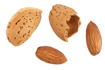 almonds are peeled and unpeeled isolated on white background without a shadow close up. Top view