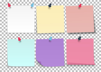 Set of sheets of color notes paper with push pins on a transparent background. Vector illustration