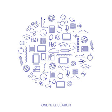 Concept of remote learning. Set of education thin line icons in blue. Circle from thin line icons of online education. Flat design.  Vector illustration EPS10. 