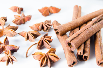 Cinnamon sticks and star anise on white background
