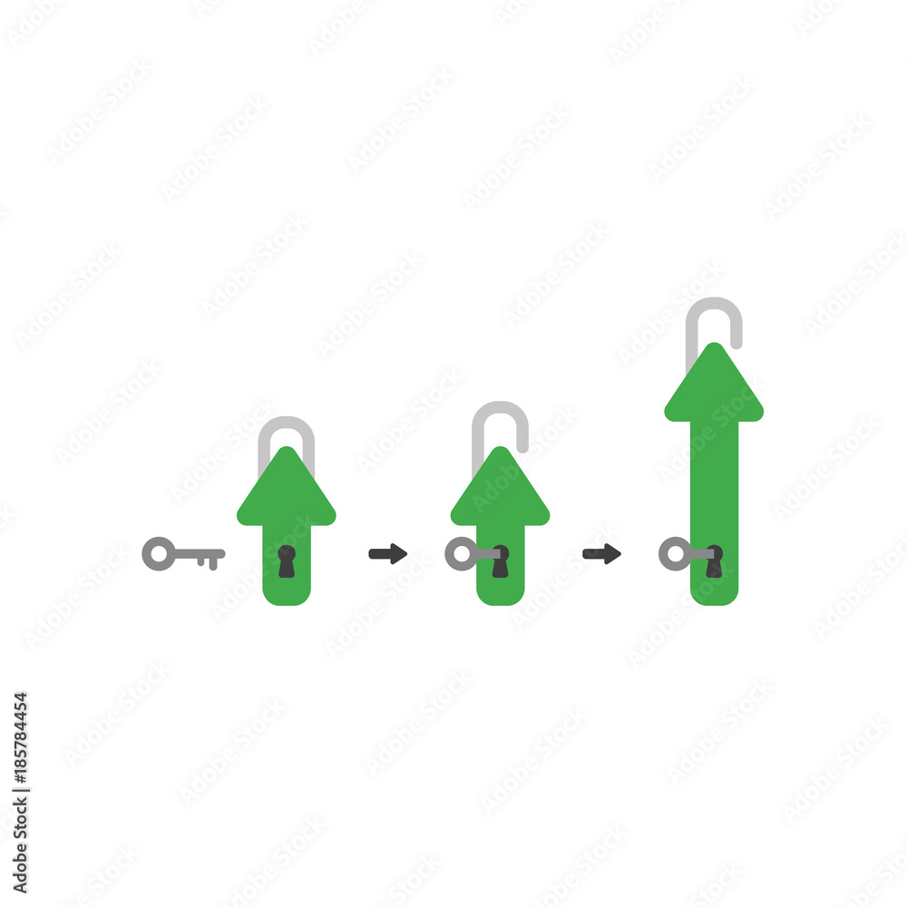 Poster flat design vector concept of closed arrow padlock with keyhole, keu unlock and arrow moving up