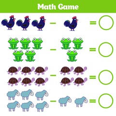 Mathematics educational game for children. Learning subtraction worksheet for kids, counting activity. Vector illustration