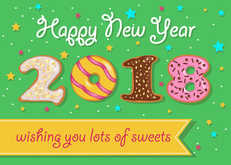 Happy New Year 2018. Sweet donuts numerals
