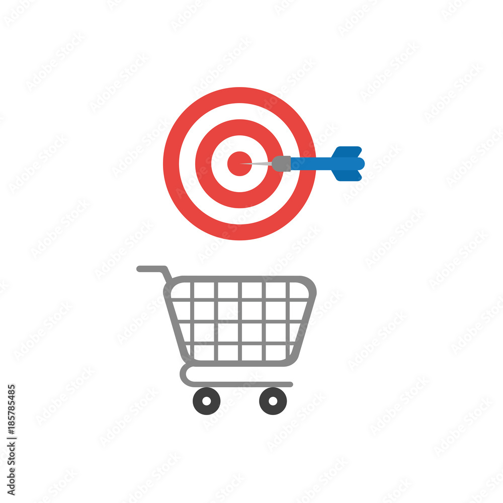 Poster flat design vector concept of hit bulls eye target with dart over shopping cart