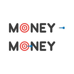 Flat design vector concept of moeny word with bulls eye and dart and hit the target
