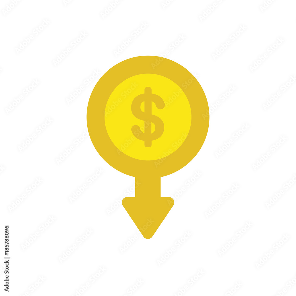 Poster flat design vector concept of dollar money coin with arrow moving down